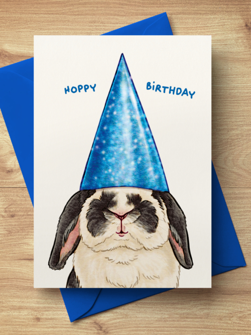 Klappkarte "Hoppy Birthday" DIN A6 mit blauem Umschlag