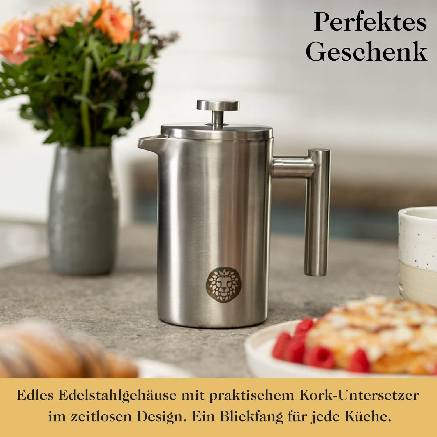 Premium French Press aus rostfreiem Edelstahl inkl. Untersetzer & Ersatzfilter